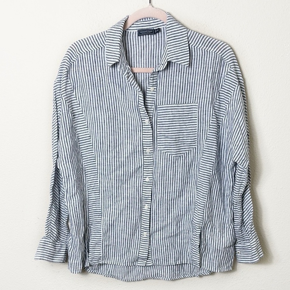 Vineyard Vines Martha’s Vineyard Linen Button Down Shirt Grey Blue Stripe 00